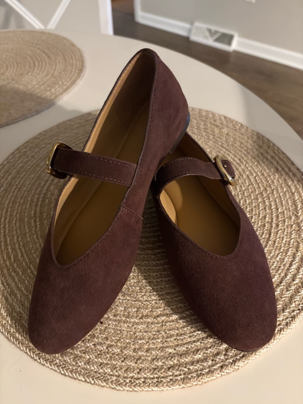 Madewell Women's Dark Brown Suede Mary Jane Flats with Gold Buckle